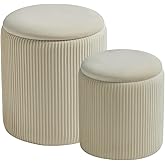 BLEXA Round Set of 2 Ottoman with Storage-Upholstered Velvet Vanity Stool for MakeupMultifunctional Ottomans Coffee Table Padded Seat Foot Rest for Living Room&Bedroom(White)