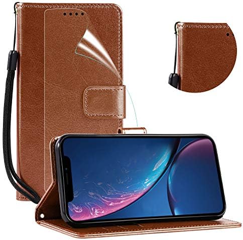 Case for iPhone XR [2 in 1] iPhone 9 Wallet Case [Wrist Strap] [Card Slot] [Kickstand] iPhone XR (6.1'') Flip Case Cover with HD Screen Protector for iPhone XR-Brown