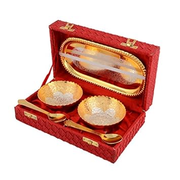 AC ANAND CRAFTS Family Gifts Silver and Gold Plated Bowl Set (2 Bowl: 2 Spoon: 1 Tray)