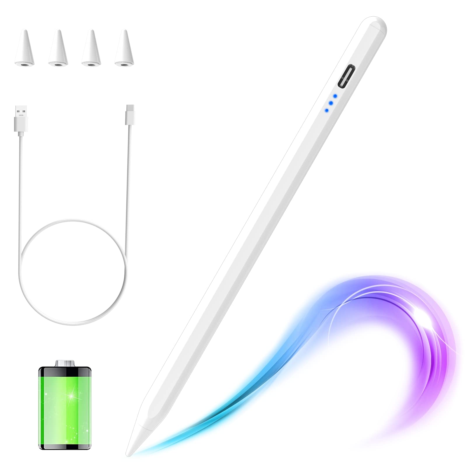 Stylus Pen for iPad A16/10/9/8/7th (2018-2025), Magnetic Pencil with Palm Rejection & Tilt Function, Compatible with iPad Pro 13/12.9/11'', Air 13/11 M2 & M3, Air 5/4/3rd Gen, Mini 6/5th(White)