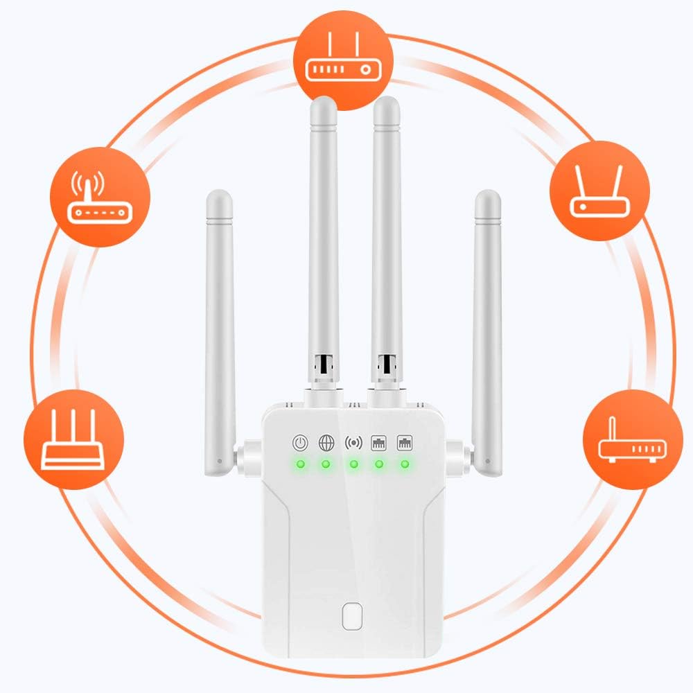 WiFi Repeater - WiFi Booster,Signal Extender,Coverage Up to 2500 sq.ft,1200 Mbps 2.4 & 5GHz Wireless Internet Amplifier - Covers 20 Devices with 4 External Advanced Antennas: Computers & Accessories