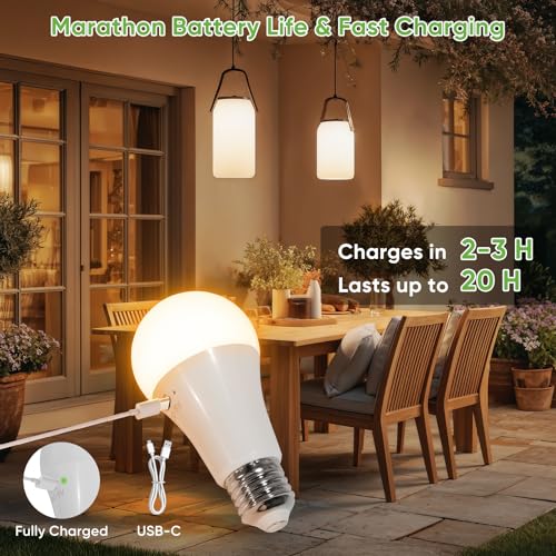 Kimjo Rechargeable Bulb with Battery - Rechargeable Bulb with Remote Control E27 7W - Camping Lamp USB 3 Colours Dimmable - Button Control Outdoor Emergency Light Pack of 2