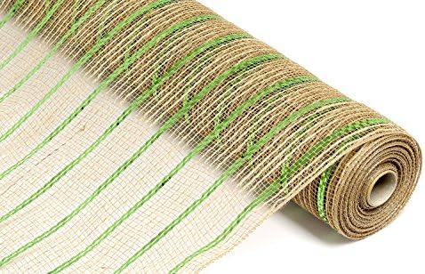 10"X 10yds Ivory Burlap Mesh w/ Lime Green Metallic &amp; Emerald Green Metallic Stripes