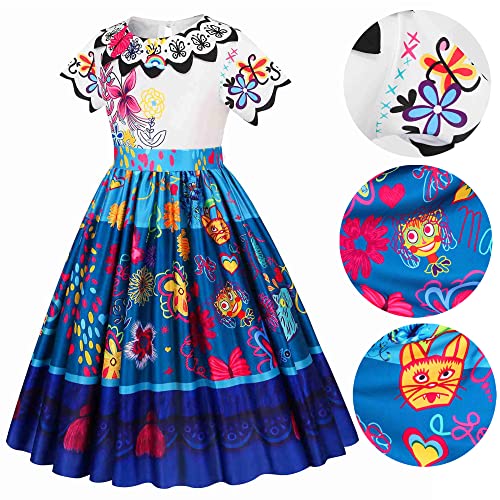 Mirabel Costume Dress Encanto for kid, Isabela Madrigal Dress Up Halloween Princess Cosplay for Child With Glasses Earrings (110cm for 3-4Years, Mirabel)