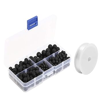 Lava Stein Perlen 300 Stück Schwarz Steinperlen Rund Lose Perlen Edelsteine mit Kristall Elastischer Kordel und Aufbewahrungsbox Schmuckperlen Schmucksteine Lavastein Perlen , Mix Größe Perlen