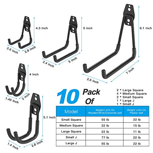 Garage Hooks, 10 Pcs Steel Utility Garage Storage Hooks and Hangers, Heavy Duty Wall Mounted Hooks and Holders for Organizing Power Tools, Ladders, Bikes, Ropes, Hose, Bulk Items