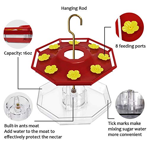 Ordenado Hummingbird Feeder, 16 oz Fluid Hummingbird Feeder for Outdoor, Hanging Bird Feeder with 8 Feeding Ports, Easy to Fill & Clean, Not Easy to Leak