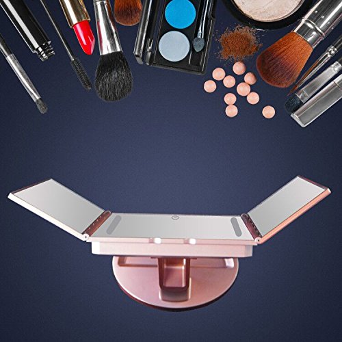 ASSIS Led Lighted Makeup Mirror with 10X Magnifying, Natural LED, Touch Screen and Auto Off Dual Power Supply, 180° Adjustable, Portable Compact Travel Trifold Vanity Mirror(Rose Gold)