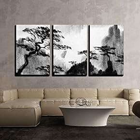 3 Piece Canvas Wall Art - Pine Trees and Mountains - Modern Home Art Stretched and Framed Ready to Hang - 16"x24"x3 Panels