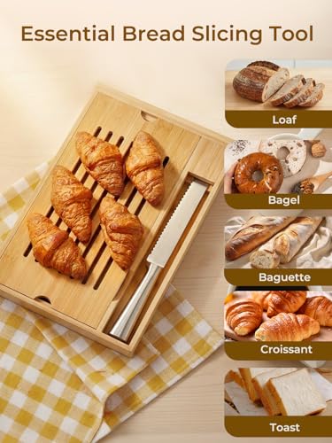 FOHERE Tabla Cortar Pan Bambú Bandeja Recogemigas, Cuchillo Pan Incluido | Bambú Ecológico, Bandeja Recogemigas Extraíble, 2-En-1 Corte/Servicio, Adecuado Para Baguette/Croissant, 38 X 24,8 X 3 cm