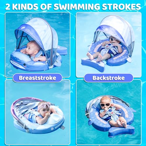 Mambobaby Baby Float with Canopy & Tail Non-Inflatable Baby Swim Float Upgrade Soft Infant Pool Float Sun Protection Newborn Pool Float 3-24 Months Skin-Friendly Material for Toddler Boys Girls