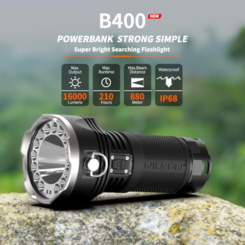 NICRON B400 High Lumens 16000LM,Super Bright LED rechargeable Flashlight,Type C Charged, Long run time, IPX8 Waterproof, Long Range 880meters,for Emergencies, Camping, Industry