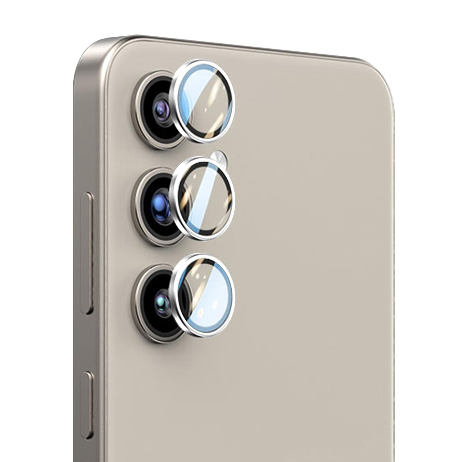 TENOC Camera Lens Protector for Samsung Galaxy S24 FE 2024, 9H Tempered Glass Camera Screen Cover, Silver Metal Individual Ring
