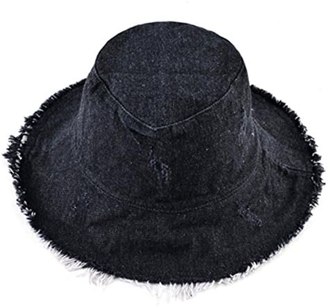 SYBKNSTW Summer Sun Hats for Women Fisherman Cap Washed Denim Bucket Hat Ladies Wide Brim Tassel Beach Caps Black