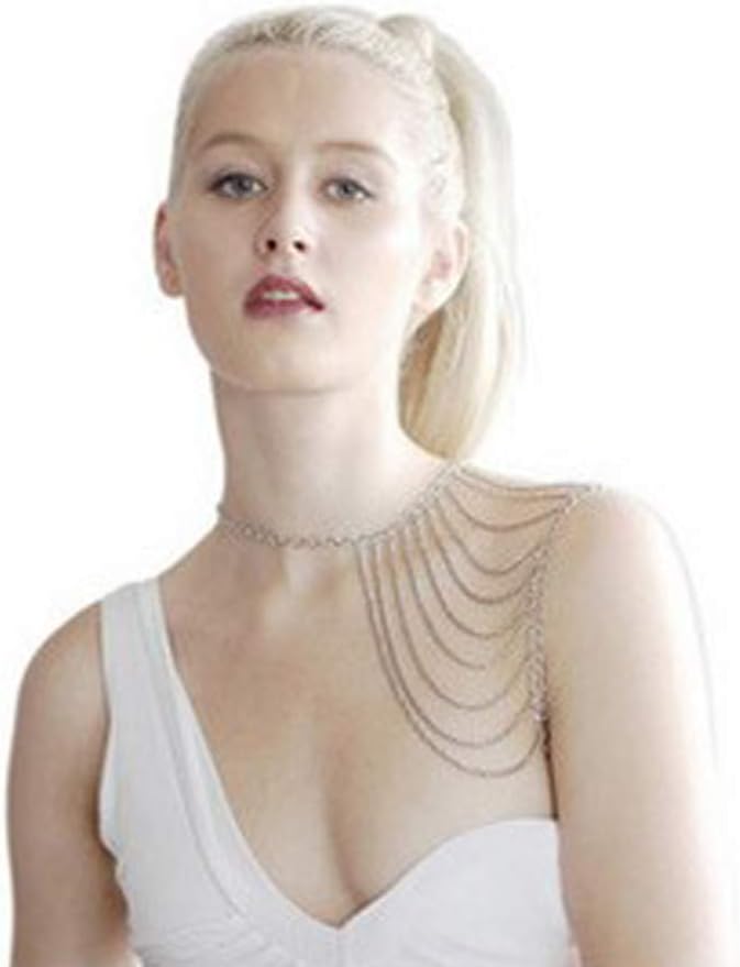 Fashion Women Necklace Silver Tone Metal Tassel Shoulder Body Chain with Jewelry Pouch