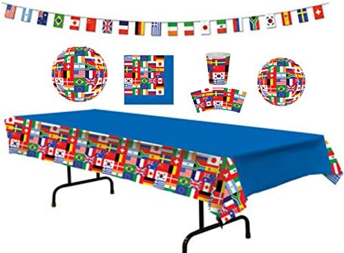 International World Flags Party Supply Pack! Bundle Includes Paper Plates, Napkins, Cups, a Banner, and Tablecover for 8 Guests