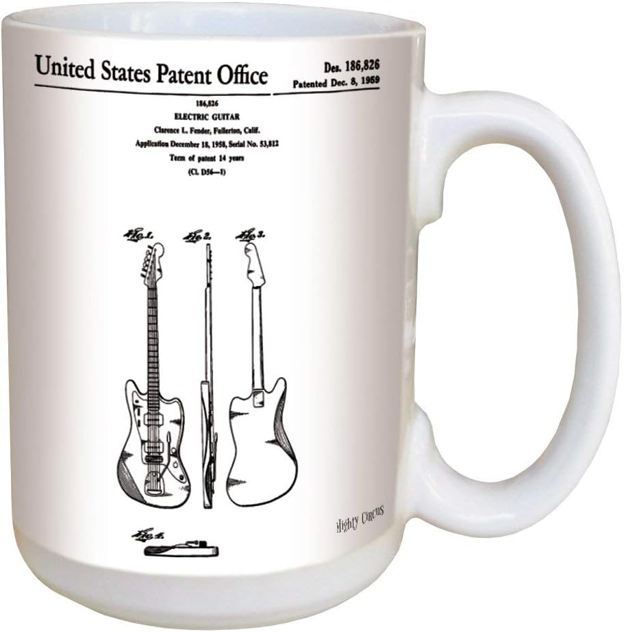 Fender Guitar Patent Coffee Mug Large 15 Ounce Ceramic