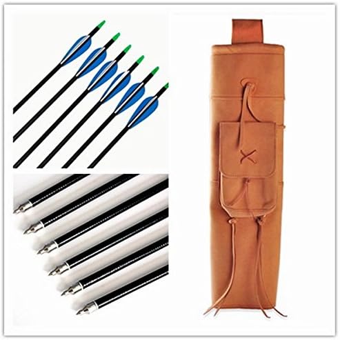 Dewel Set of 6 PCS Fiberglass Arrows + Archery Deluxe Back Quiver / 3 Kinds of Diameters Arrows for Choice &amp; Micro Fiber Arrow Case (Brown, 6mm)