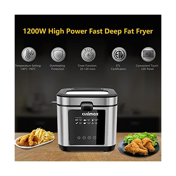 CUSIMAX-25L-Deep-Fat-Fryer-1200W-Touchscreen-Compact-Deep-Fryer-with-Timer-and-Temperature-Control-Stainless-Steel-Basket-and-Viewing-Window-Removable-Lid-Non-Stick-Oil-Tank-SilverBlack CUSIMAX 2.5L Deep Fat Fryer, 1200W Touchscreen Compact Deep Fryer with Timer and Temperature Control, Stainless Steel…