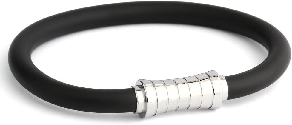 Mens Rubber Bracelet Rubber Cord 6mm with Curved Cylinder Stainless Steel Magnetic Clasp, Blue Black