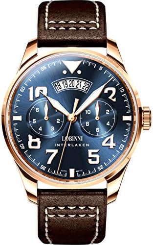 LOBINNI Mens Sport 5Bar Waterproof Genuine Leather Bracelet Business Pilot Dual Window Dial Automatic Self-Wind Mechanical Wrist Watch