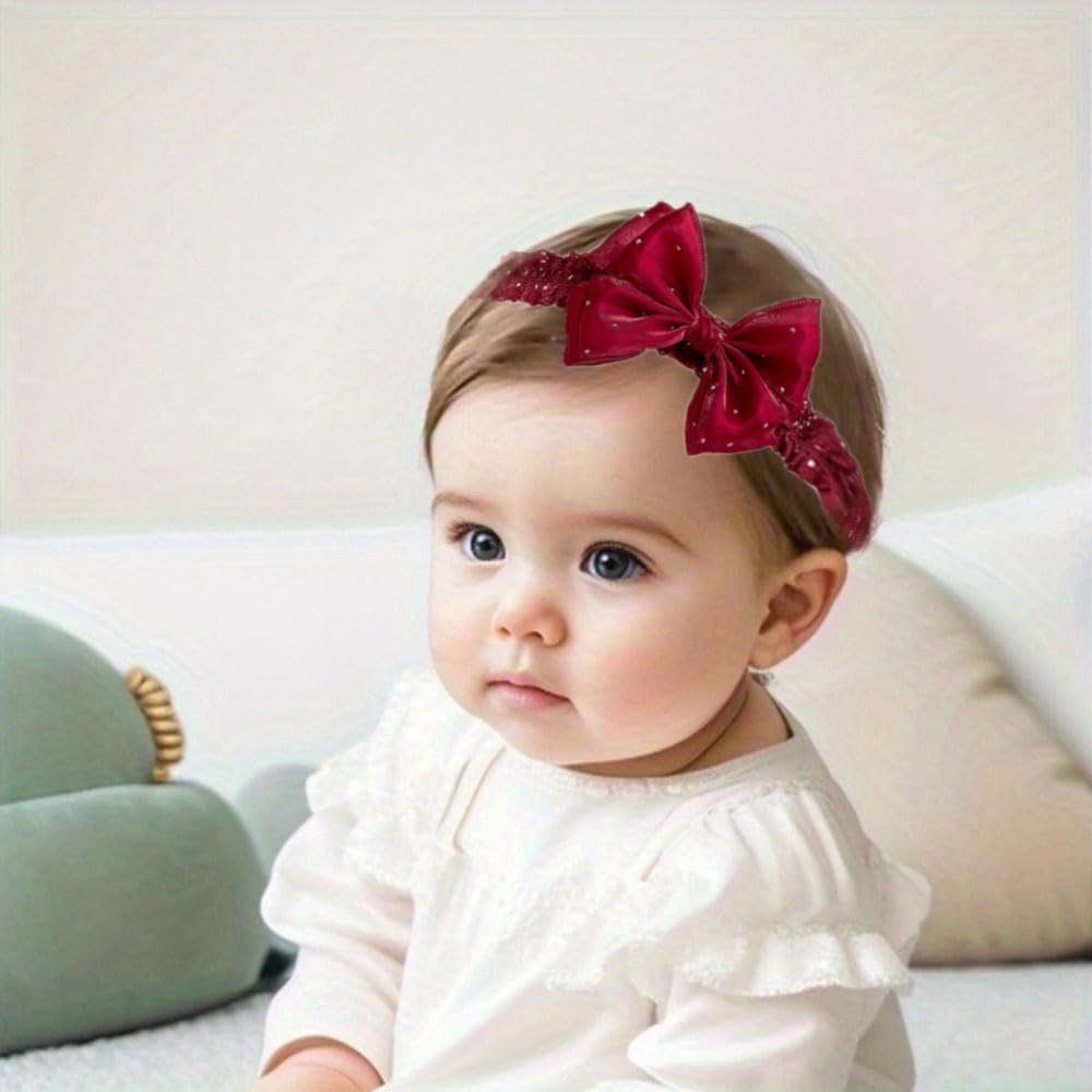 Photo 1 of Rannyrena Lace Bow Baby Girl Headband Cute Gauze Bow-Knot Hair Band Elastic Turban Head Wrap Soft Lace Rhinestone Crystal Hair Accessory for Newborn Infants Toddler (Red, Standard size)