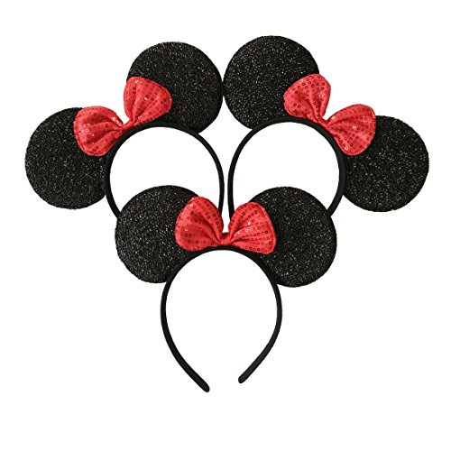 Mickey Mouse Ears Solid Black and Bow Minnie Headband for Boys and Girls Birthday Party or Celebrations (Set of 18)
