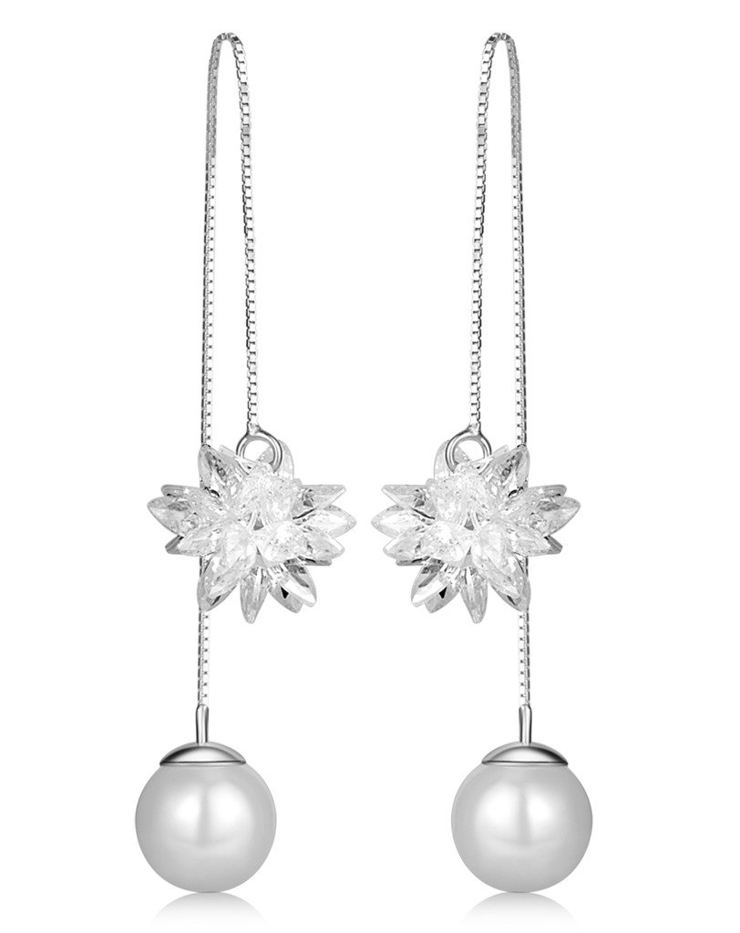 Infinite U Women's Girl's Earrings, 925 Sterling Silver Pearl ear wire, Ice Flower Crystal Threader Long Drops Dangles Pull Through Earrings, Silver, gift for birthday and christmas