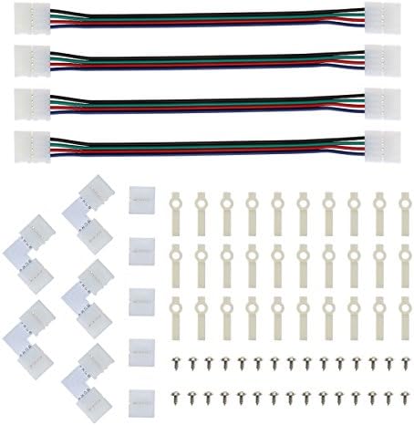 ASENEK LED Strip Connector and Mount Bracket, 5050 RGB Strip Light Connector, L Shape Solderless Snap Down 4 Conductor LED RGB Connector for Right Angle Corner, Gapless Connector, One-side Fixing Clip