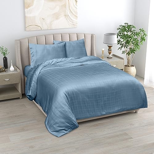 LINENWALAS 100% Natural Bamboo Designer Checks 3-Piece Duvet Cover Set With Zipper and Corner Ties- Softest Cool Bedding Perfect for Skincare (Emperor, Bahamas Blue) — image 1