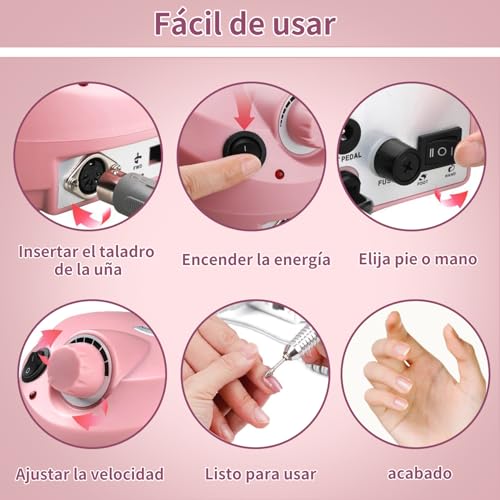 Drill Para uñas Profesional,40000RPM Taladro para Uñas Profesional,Herramienta de Manicura Pulidora con 6 tipos cabezales lijado y bandas lijado,Velocidad Ajustable,para manicura casa y salón.