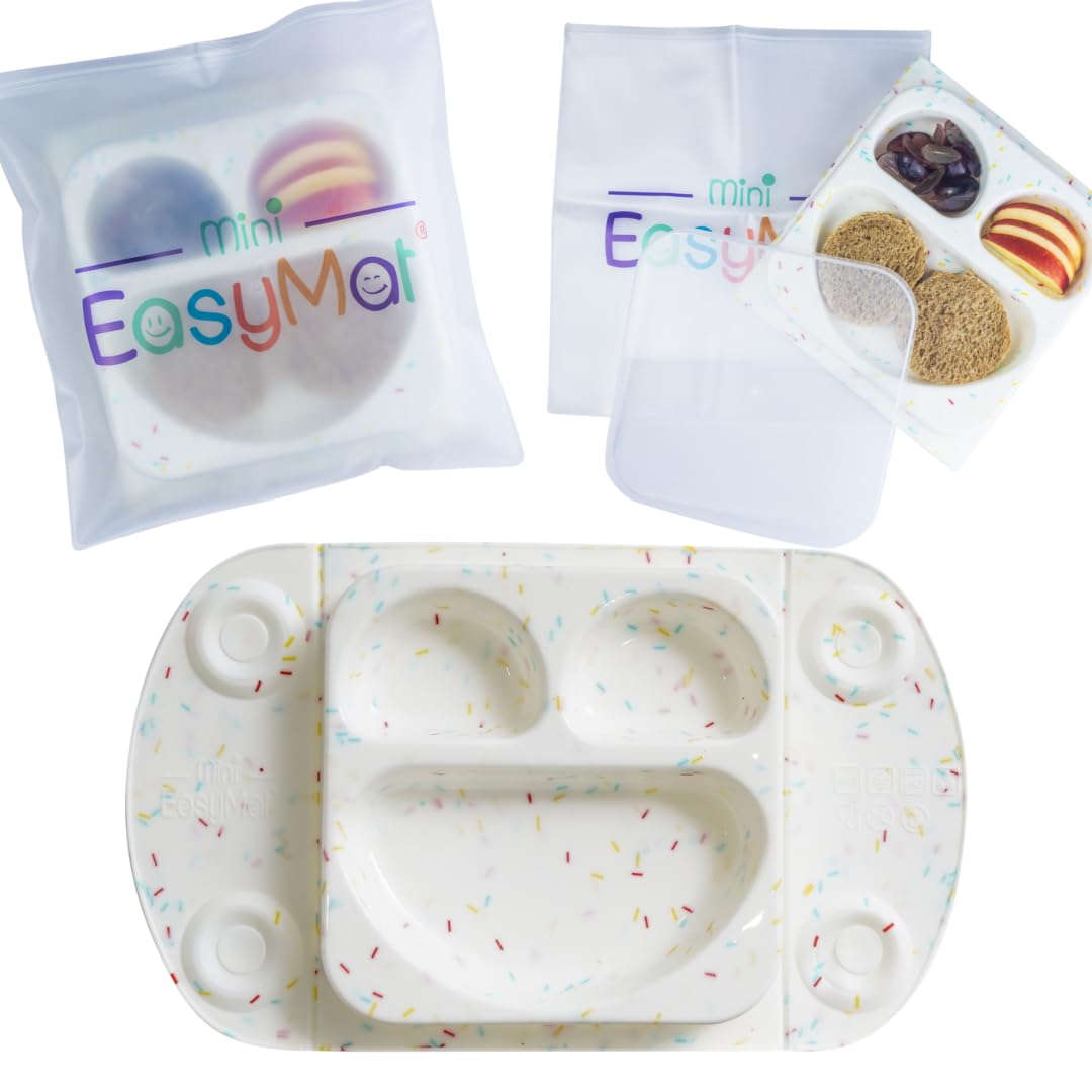 EasyMat Mini Portable Silicone Baby Suction Plate by EasyTots | Lid and Carry Case Included | Travel Friendly | Perfect Placemat for High Chair Feeding & Baby Led Weaning (Sprinkles)