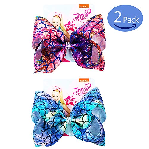 JoJo Siwa Bows, CREATESTAR 2 Pack Ribbon Hair Bows for Girls 8 Inch Large Hair Bow Alligator Clips Hair Accessories Mermaid Design Best Xmas Gift