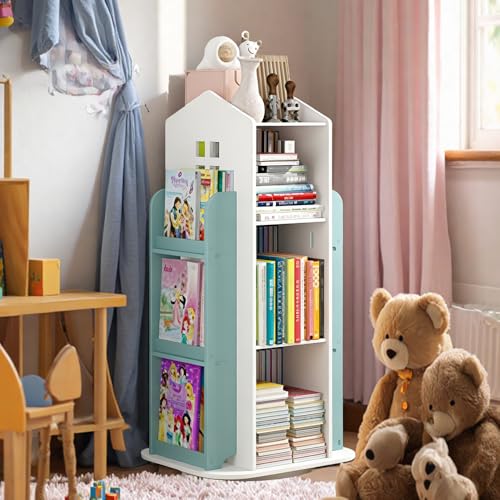 Kids Rotating Bookcase 360° Spin, 3-Tier Interactive Bookshelf for Children's Room, Playroom Corner, Floor Standing Organizer for Toys & Books, Living Room, Study (Green)