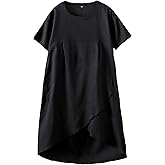 Minibee Women's Casual Linen Dress Summer Short Sleeve Flowy Empire Waist Midi Dresses with Pockets