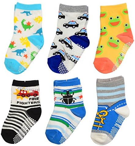 TotMart Boys Toddler 6-Pack Non Skid Ankle Socks, Frog, Bug and Car. (white 4)