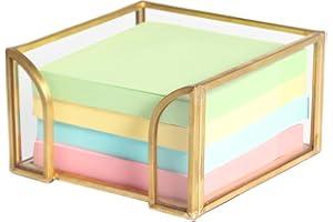 Feyarl Gold Glass 3x3 Sticky Note Pad Holder Desk Notes Dispenser Organizer Box for Post-it Notes Binder Clips Paper Clips Office Supplies Storage Decorative Desktop Accessory