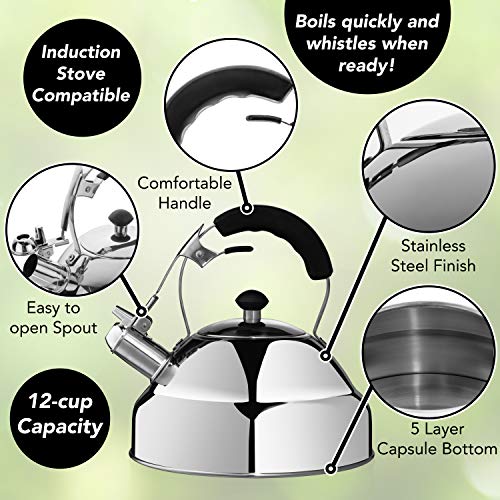 Vita Saggia Whistling Tea Kettle for Stove Top - Capsule Bottom Stainless Steel Water Boiler Kettle with Stay-Cool Ergonomic Handle Constructed for Faster Boiling and Heat Retention (12 Cup Capacity) - Thumbnail 6