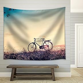 Beautiful Landscape Image with Silhouette Bicycle at Sunset in Vintage Tone Style - Fabric Wall Tapestry Home Decor - 51x60 inches