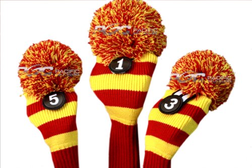 Majek Golf Club Head Covers: Red & Yellow Limited Edition Throwback Long neck Knit Retro Pom Pom Traditional Classic Vintage Old School Ultimate Driver Fairway Wood Golf Head Cover Set Usc Colors