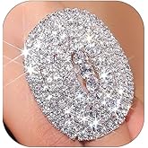 XUN Zhe Sparkly Oval Rhinestone Ring For Women Adjustable Cocktail Statement Ring Pave Cubic Zirconia Ring Chunky Geometry Crystal Ring Jewelry