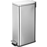 mDesign Slim Metal Rectangle 7.9 Gallon Trash Can with Step Pedal, Easy-Close Lid, Removable Liner - Narrow Wastebasket Garbage Container Bin for Bathroom, Bedroom, Kitchen, Office - Brushed Chrome