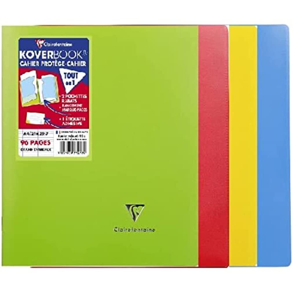 Clairefontaine 971412AMZC Set of 4 Koverbook Stapled Notebooks - A4 21x29.7cm - 96 Seyes Pages - White Paper 90g - Cover Ast Colours (Blue, Red, Green, Yellow)