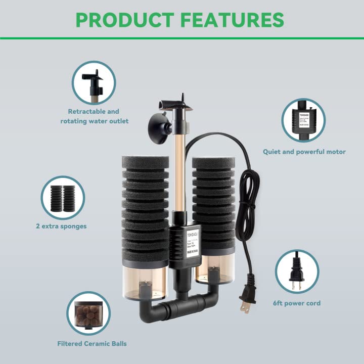 TOHIDAQU Aquarium Internal Sponge Filter 4W 80GPH Fish Tank Power