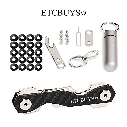 Compact Key Holder - A Carbon Fiber & Stainless Steel Key Chain Organizer that Holds Up to 18 Keys with Utility Multi-Tool - Key Gadget includes Pill Holder, Bottle Opener, Carabiner, Gift (Pack of 2) - Thumbnail 3