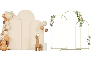 FANPROMS Set of 3 Metal Backdrop Stand with Beige Spandex Wedding Arch Cover 4FT 5FT 6FT Balloon Arch Stands Frame Fitted Arc