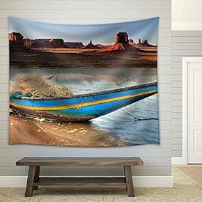 Indian Country Boat Tied at Navajo River Bank in Monument Valley - Fabric Wall Tapestry Home Decor - 51x60 inches
