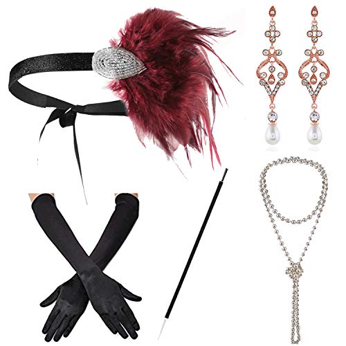 ZeroShop 1920s Accessories Headband Earrings Necklace Gloves Cigarette Holder (Medium, M14)