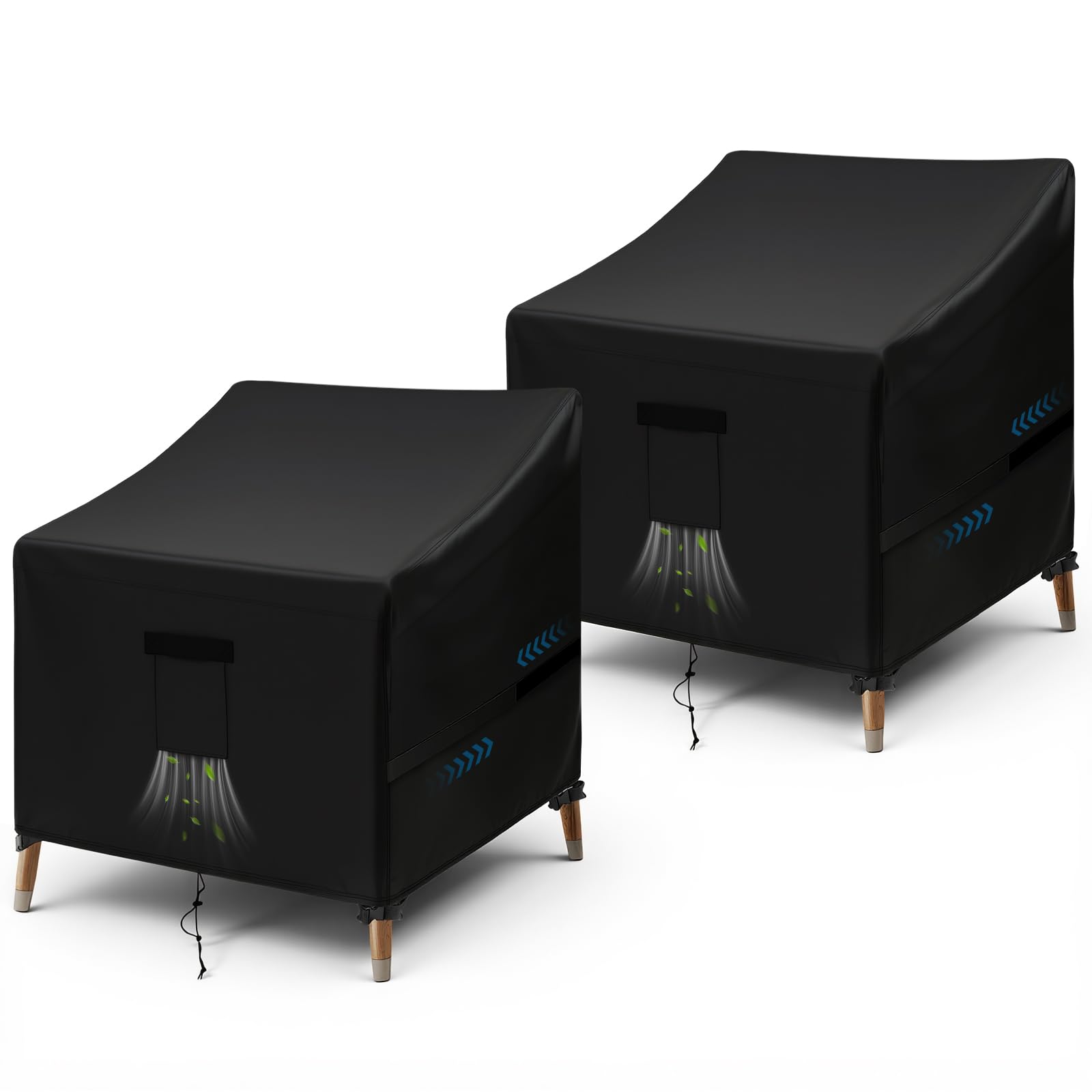 GARPROVM Garden Chair Covers Waterproof 2 Pack, Outdoor Chair Covers Oxford Fabric With Vent Strap Handle Buckle Drawstring, Patio Chair Covers Windproof for Armchairs (Black, 90x97x60/79cm)