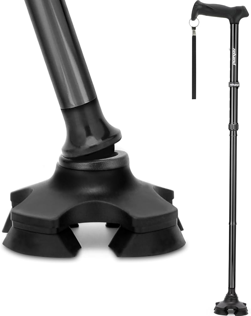 Rehand Foldable Quad Walking Cane Black Adjustable Height 78-96 cm